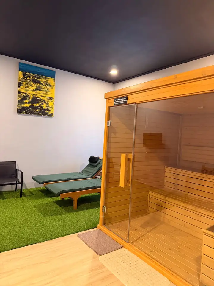 The wood-and-glass sauna in the recovery room